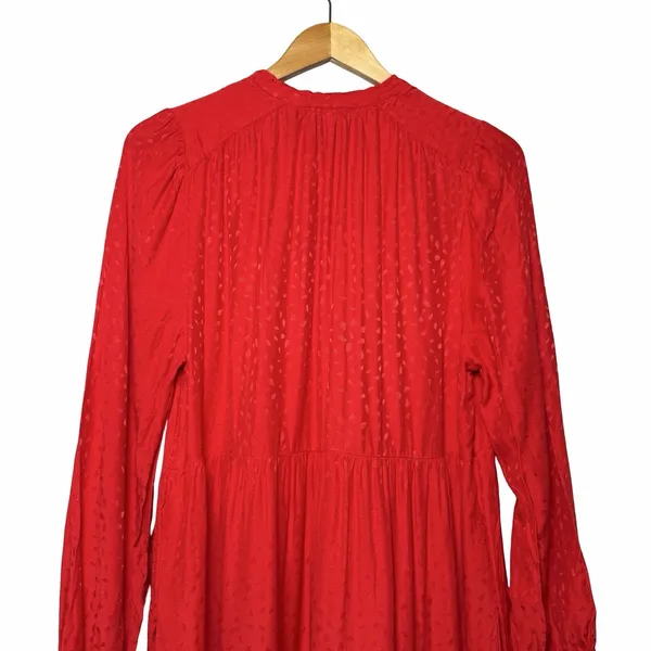 Anthropologie Maeve Wendy Tiered Maxi Dress Red Jacquard Tie Neck‎ Large Cottage - Image 13