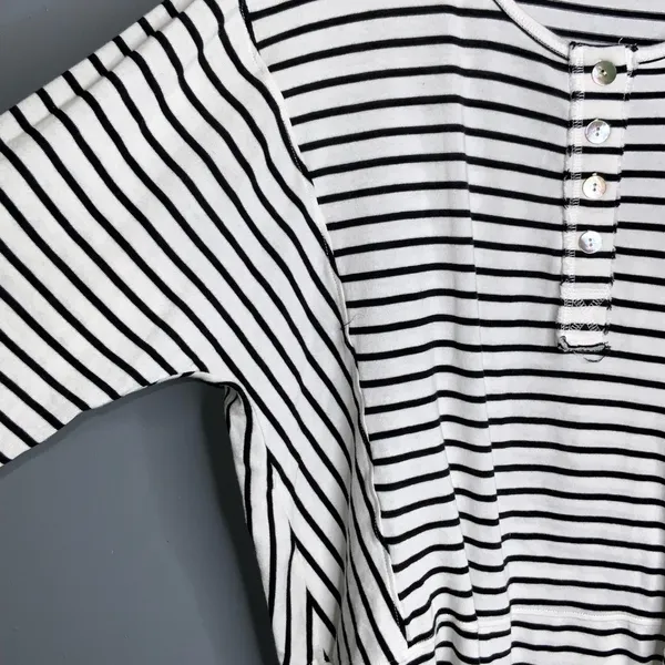 Tribal Black and White Striped Blouse Henley Tunic XL - Image 5