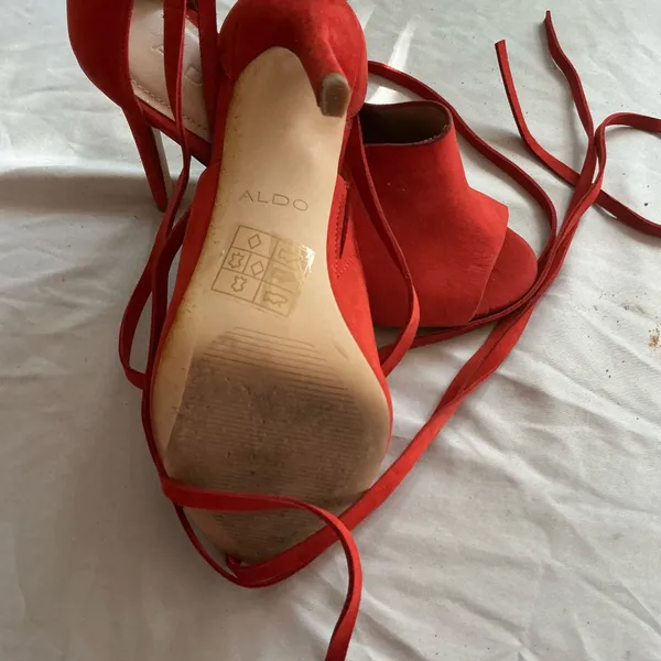 Aldo Red Suede Open Toe Stiletto Heels with Ankle Wrap Straps - Image 7