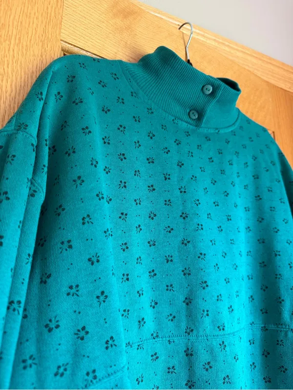 Vtg 90s Trend Basics Teal Floral Polka Dot Mock Neck Sweatshirt Women’s Large - Image 2