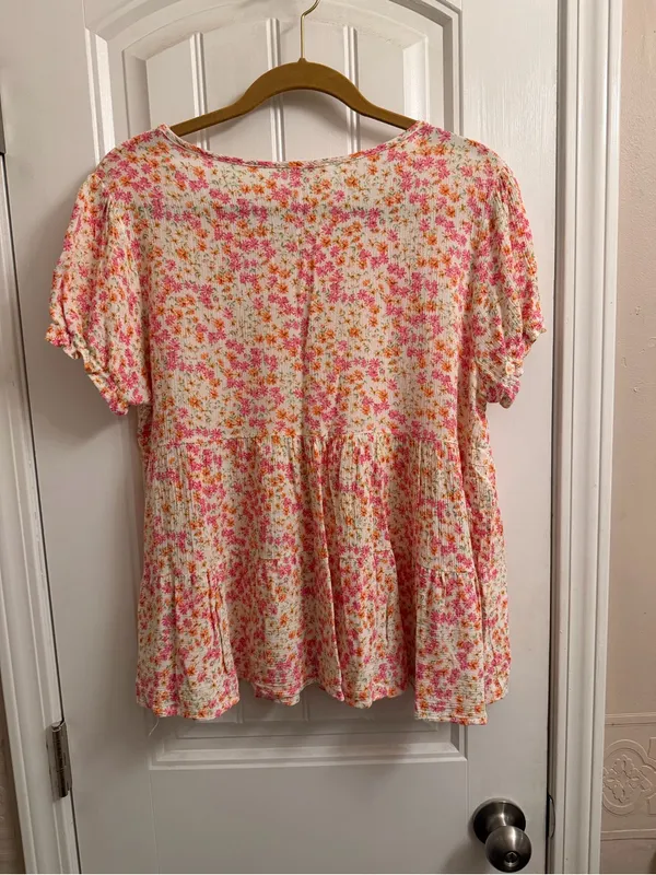 Floral Ruffled Peplum Tunic Top - Pink & Orange on Cream - Image 3