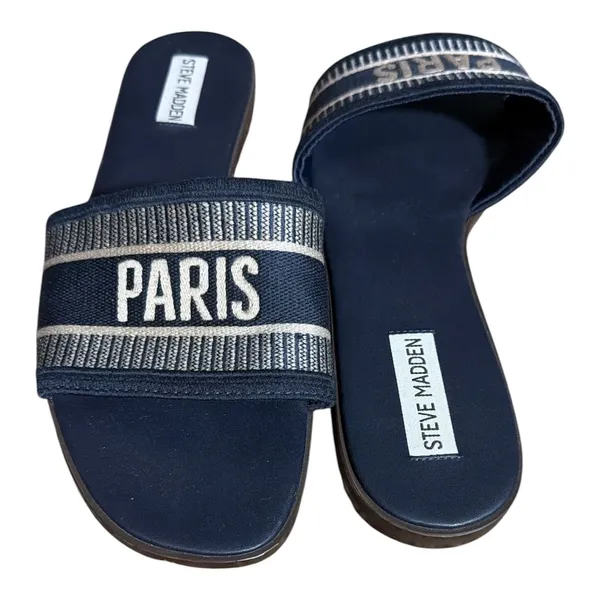 Steve Madden Knox Navy Embroidered 'PARIS' Slide Sandals - Image 3