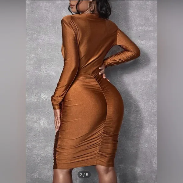 SHEIN Brown Ruched Bodycon Dress Cowl Neck Sleeveless - Image 2