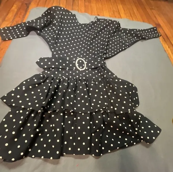 Black and White Polka Dot Ruffled Mini Dress with Belt and Keyhole Back - Image 12