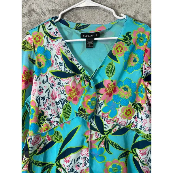 Elegancia Aqua Floral Blouse Vintage Inspired Y2K Art Girl‎ Resort Vibes Large - Image 3