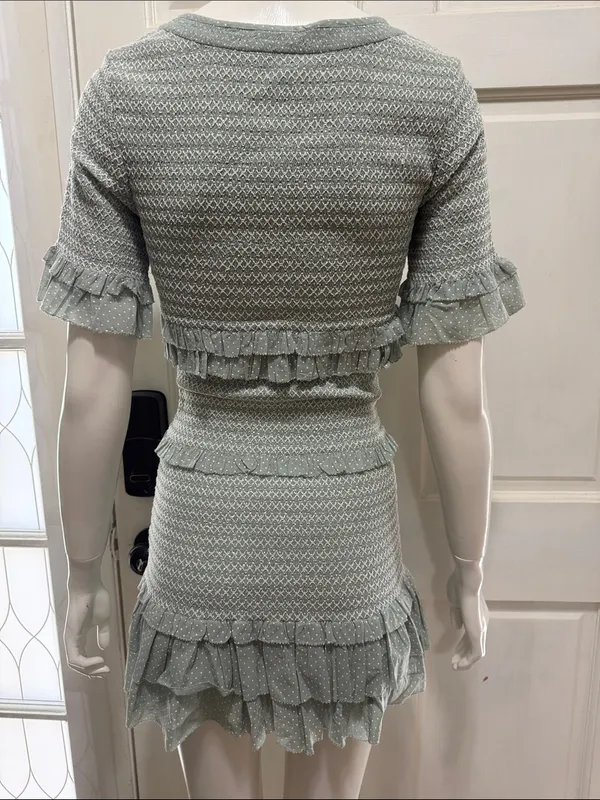 LoveShackFancy Aveline Ruffled Dress Printed Smocked Bell Sleeve Mint Sz XS A - Image 9