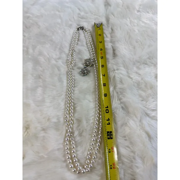 Vintage Japan Faux Pearl Double‎ Strand Necklace and AB Crystal Clip On Earrings - Image 7