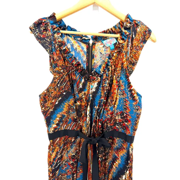 Plenty by Tracy Reese Silk Abstract Print Ruffle V-Neck Dress Blue Orange Medium - Image 2