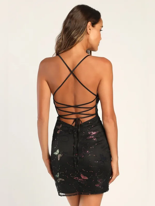 Lulus Social Sweetheart Sequin Butterfly Lace-Up Mini Dress – Black/Pink – L - Image 5