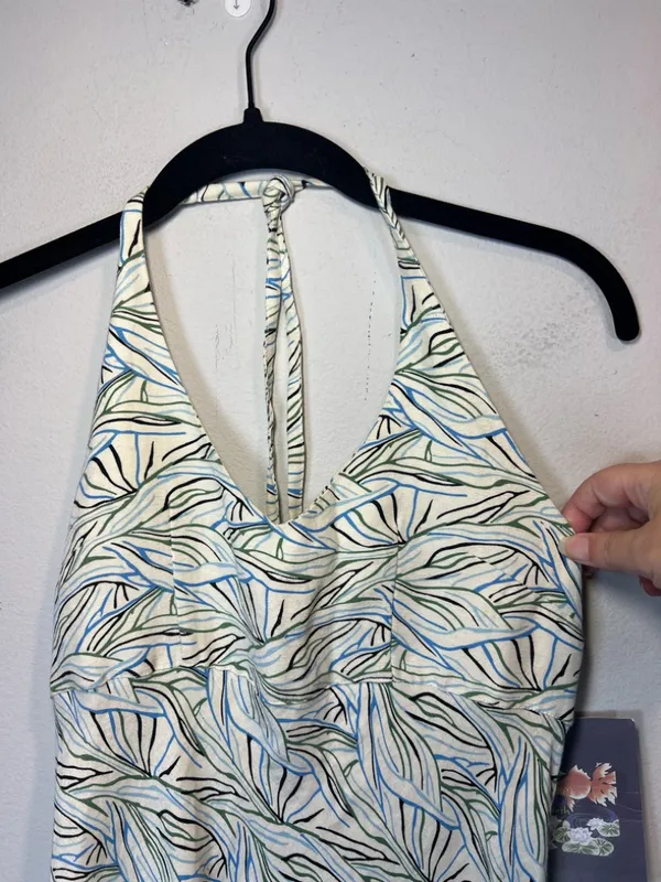 Of the Earth Halter Dress Botanical Print Beige Neutral Summer Midi NEW Sz Small - Image 3