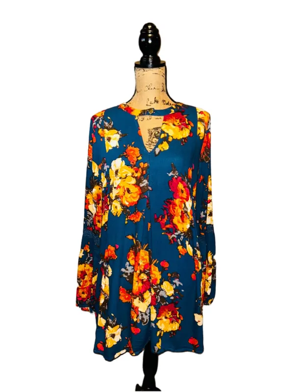 Women's Blu Pepper Floral Long Flutter Sleeve Dress Size M Blue Orange - Image 2