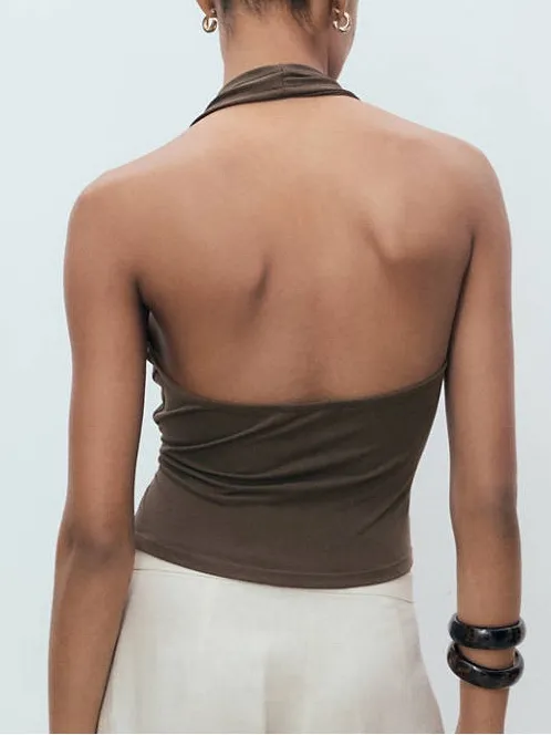 MANGO MNG - NWT Sleeveless Halter Wrap Top asymmetrical hem Brown - Image 3