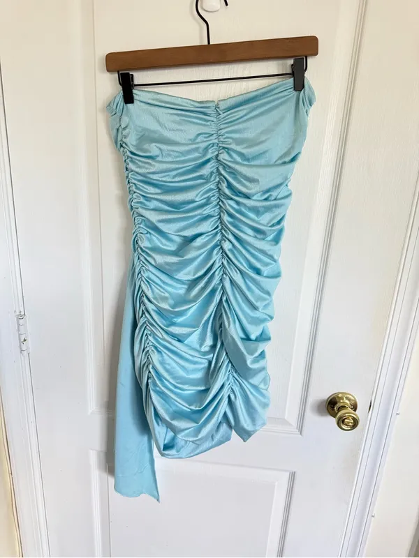 Amanda Uprichard Anja Strapless Ruched Mini Dress in Light Blue - Image 6