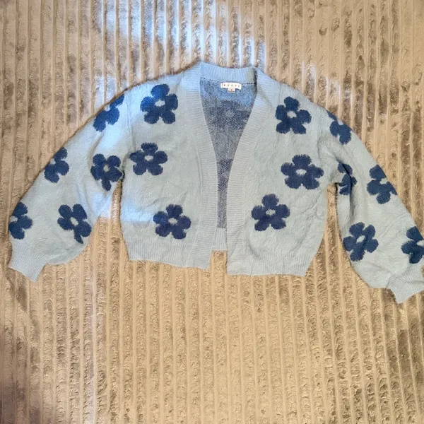 Hyfve Womens Blue Floral Fuzzy Knit Open Front Cardigan HF24F788 Small - Image 2