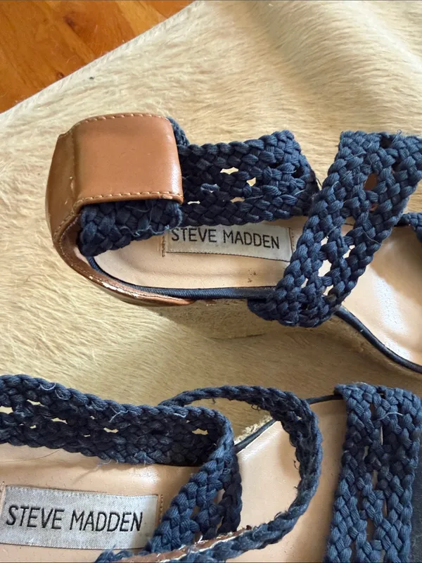 Steve Madden Navy Braided Espadrille Wedges with Tan Trim - Image 5