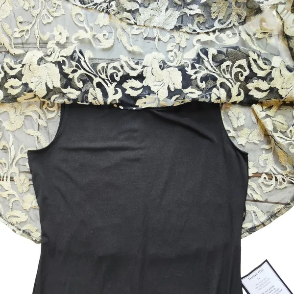 Connected Apparel NWT 39P Black‎ Champagne Floral Lace Capelet Maxi Dress 12 - Image 7