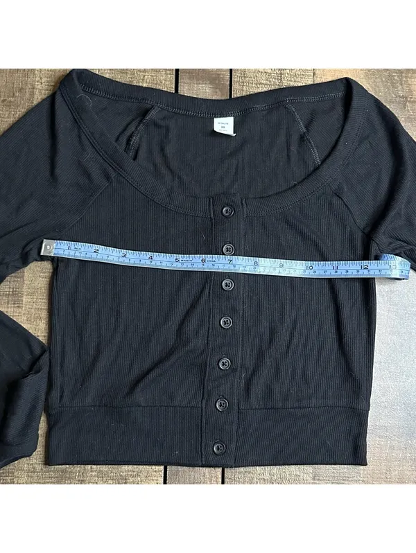 Hollister Black Ribbed Button-Up Long Sleeve Top With Thumb Holes - Image 6