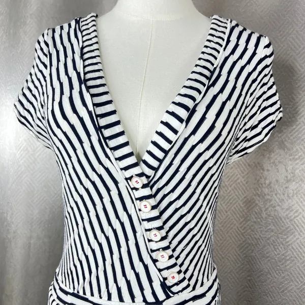 Maeve Anthropologie Womens Black White Striped Faux Wrap Midi Dress Medium A35 - Image 6
