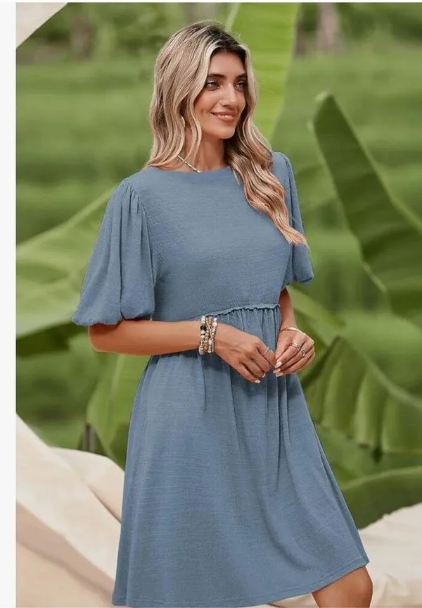 New Blue crew Neck Tunic Mini Tiered Babydoll Dress S - Image 6