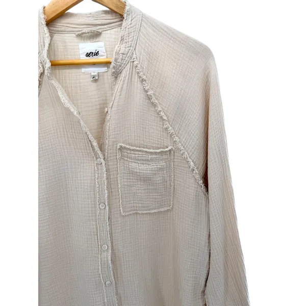 Aerie Gauze Button Up Shirt Beige Frayed Collar Long Sleeve Casual Oversized XXS - Image 2