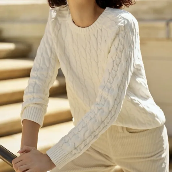 LL Bean Ivory Pullover Cable Crew‎ Neck Long Sleeve Cotton Sweater Size MEDIUM - Image 3