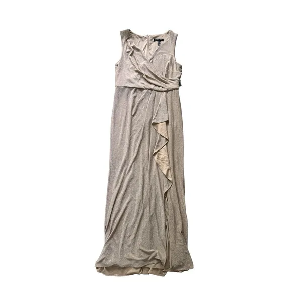 Papell Studio Metallic Draped Knit Dress Gown V-Neck NWT US 12 Beige Biscotti - Image 3