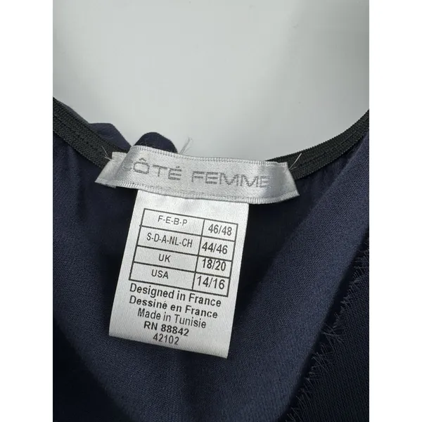 COTE FEMME Navy Blue Wrap Midi Dress Sz 14/16 V-Neck Sheer Trim Preppy Feminine - Image 7