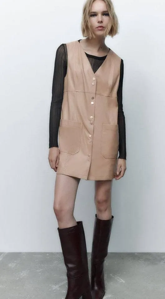 Zara FAUX LEATHER MINI PINAFORE DRESS in Beige - Image 2