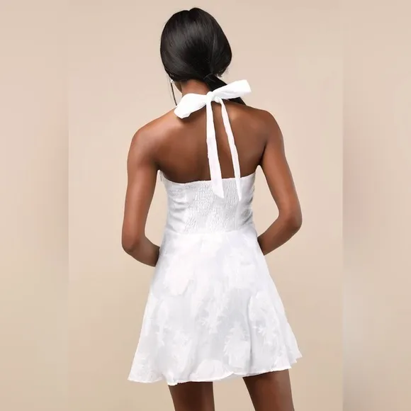 NEW Lulus Bonni White Floral Jacquard Halter Mini Dress Sz XL - Image 8