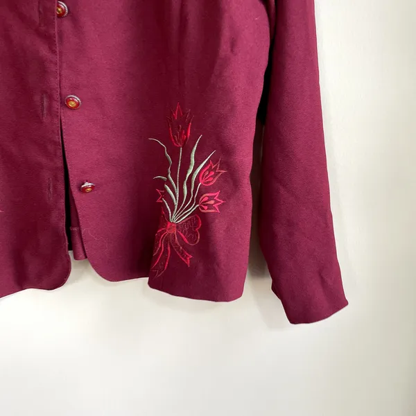 Vintage button front deep‎ red embroidered cardigan jacket women's floral size L - Image 2