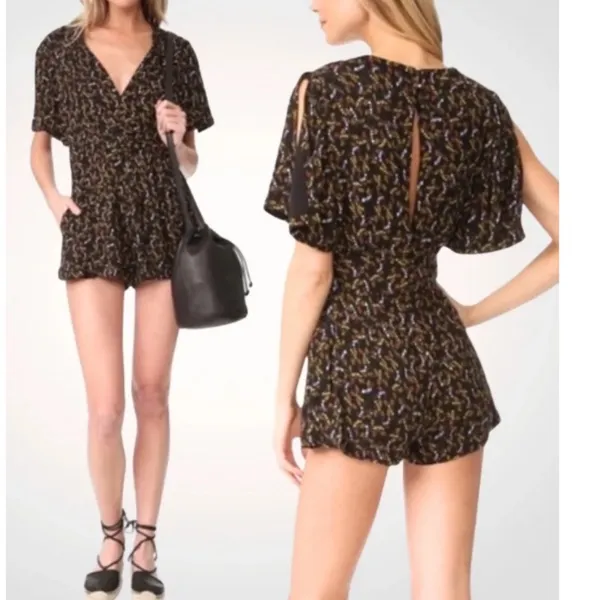 Free People Romper Womens Black Floral Leaf Print Open Back Flutter Sleeve 12 - Image 2