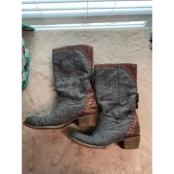 Lane Women's Western Boots Size 8 Gray Mid-Calf Block Heel Pointed Toe - Image 9