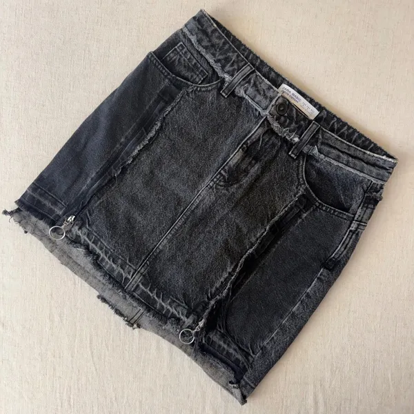 Zara Basic Z1975‎ Denim Black Acid Wash Deconstructed Zip Mini Skirt Size S 26 - Image 2