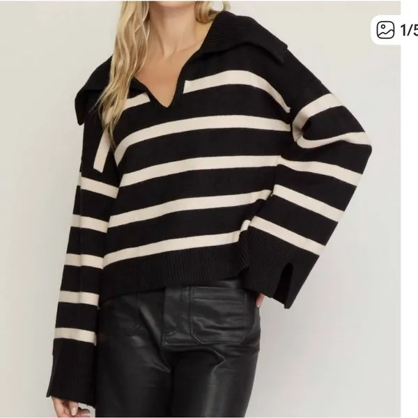 Entro Cream and Black Striped V-Neck Sweater - Image 3