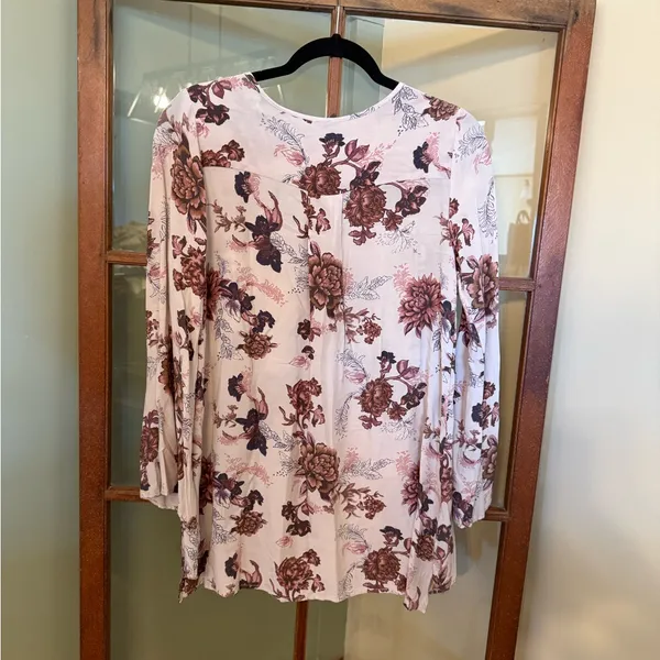 Free People Rose Floral Crisscross Neckline Long-sleeve Tunic Blouse Boho Medium - Image 4