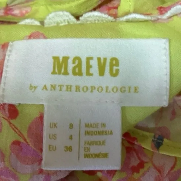 Anthropologie Maeve Yellow Pink Floral Ruffle Deep V Button Up Blouse Top Sz 4 - Image 4