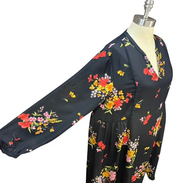 Old Navy L Floral Balloon Sleeve Midi Dress Semi Sheer Black Babydoll Cottage - Image 3