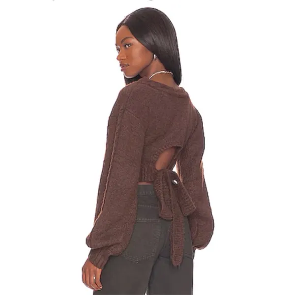 For Love & Lemons Amelia Knit Cropped Sweater W/ Tie Back‎ Brown S $125 - Image 2