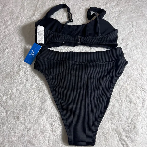 Cupshe Black Ribbed High Waisted‎ Bikini Set Keyhole Top Crossover Bottom Medium - Image 5