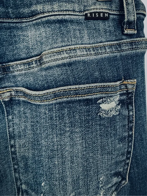 Risen Jeans Women’s 9/29 Mid Rise Distressed Bootcut Jeans Raw Hem Stretch Denim - Image 6