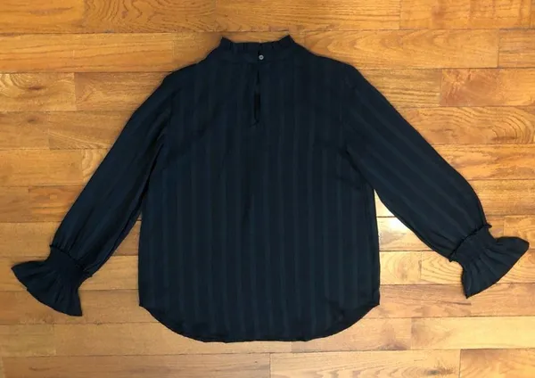 Ann Taylor Black Pleated Blouse with Ruffle Trim Women's Small - Image 2
