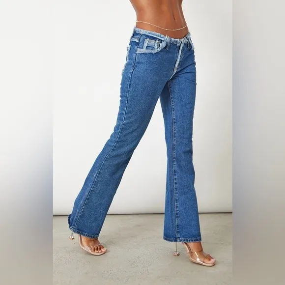 PrettyLittleThing Flare Low Rise Jeans Womens‎ 6 Dark Wash Distressed Y2K Retro - Image 2