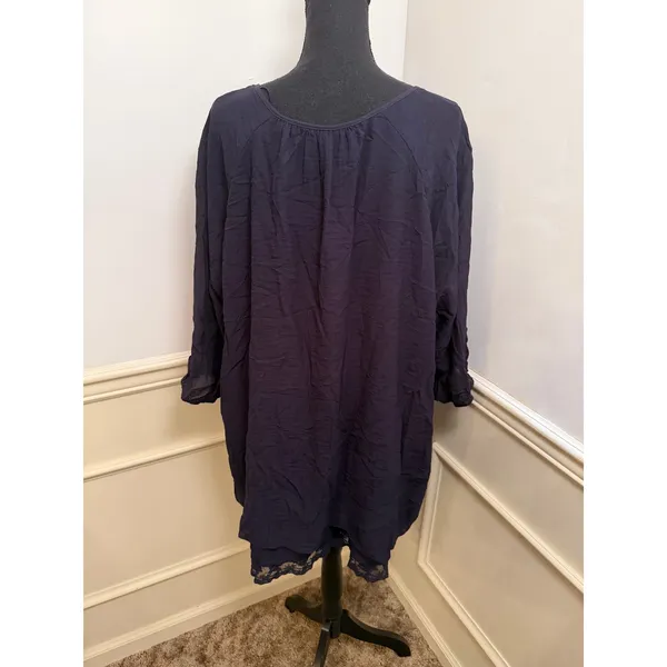 Ulla Popken Navy Blue Crinkle Viscose Tunic Top Layered Lace Hem Plus Size Boho - Image 6