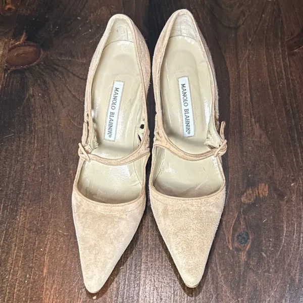 Manolo Blahnik Mary Jane Pump Heel 37.5 Laser Cut Stiletto Quiet Luxury Designer - Image 3