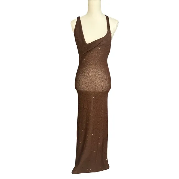 SOVERE Spark Dress in Coffee Medium New Womens Knit Crochet sequin Maxi Gown - Image 5
