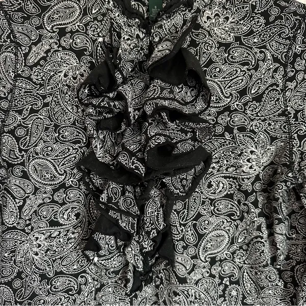Lauren Ralph Lauren Black White Paisley Ruffle Front Long Sleeve Blouse Sz S - Image 4