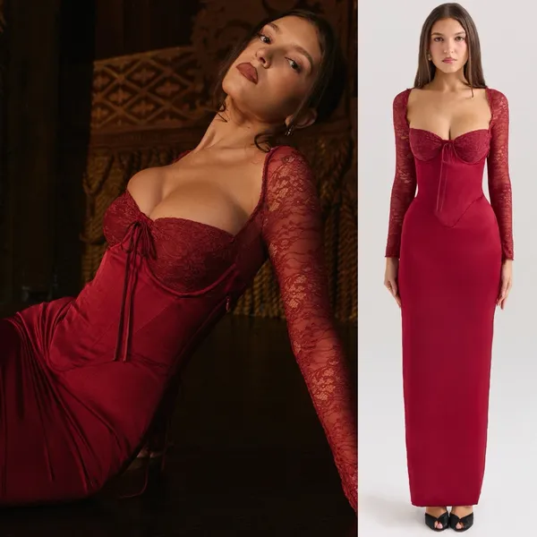 House of CB PERDI Berry Satin Maxi Dress With Corset M PLUS CUP - Image 17