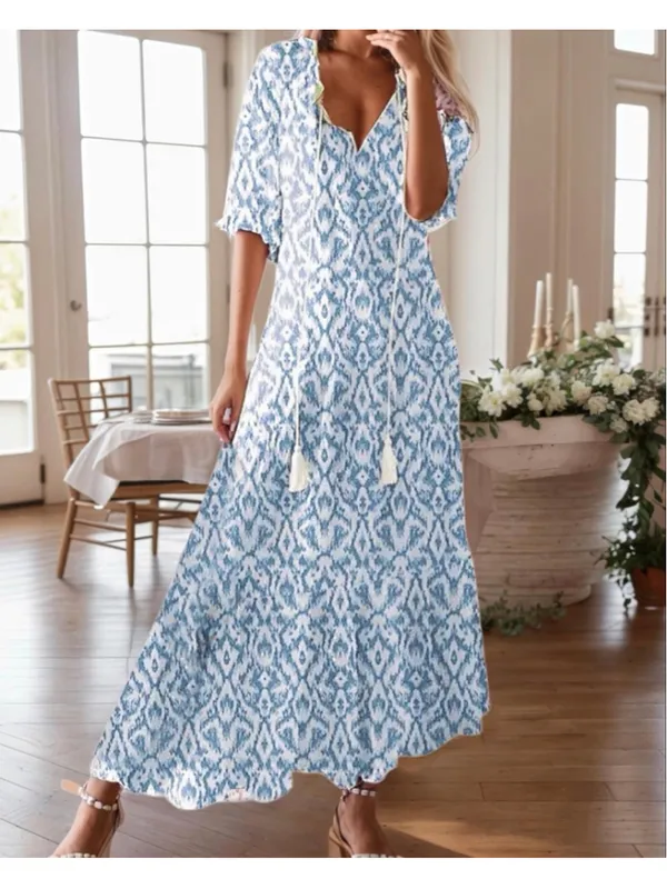 NEW Floral Loose Lightweight Beach 3/4 Ruffle Sleeve Maxi Dress V Neck A Line M - Image 2