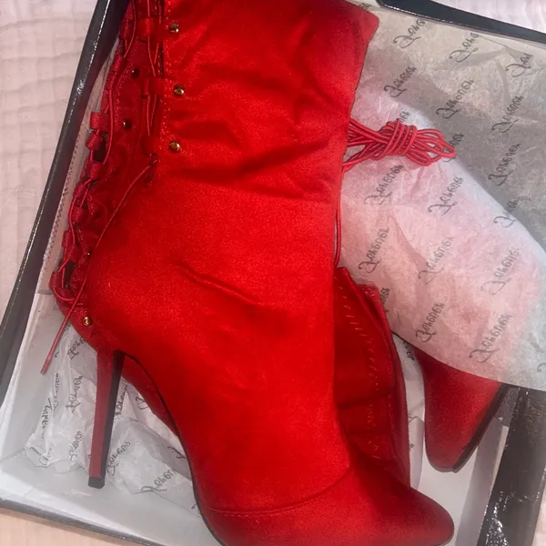Forever Link New Red Stretchy Over The Knee Thigh High Boot Gold Studded Stiletto High Heel - Image 12