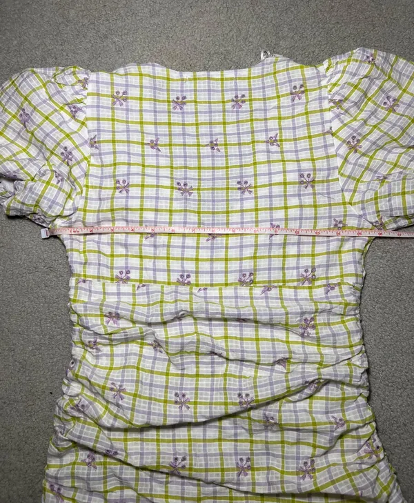 Zara Checkered Floral Print Draped Balloon Sleeve with Embroidered Eyelet Detail Mini Dress Size Small - Image 7